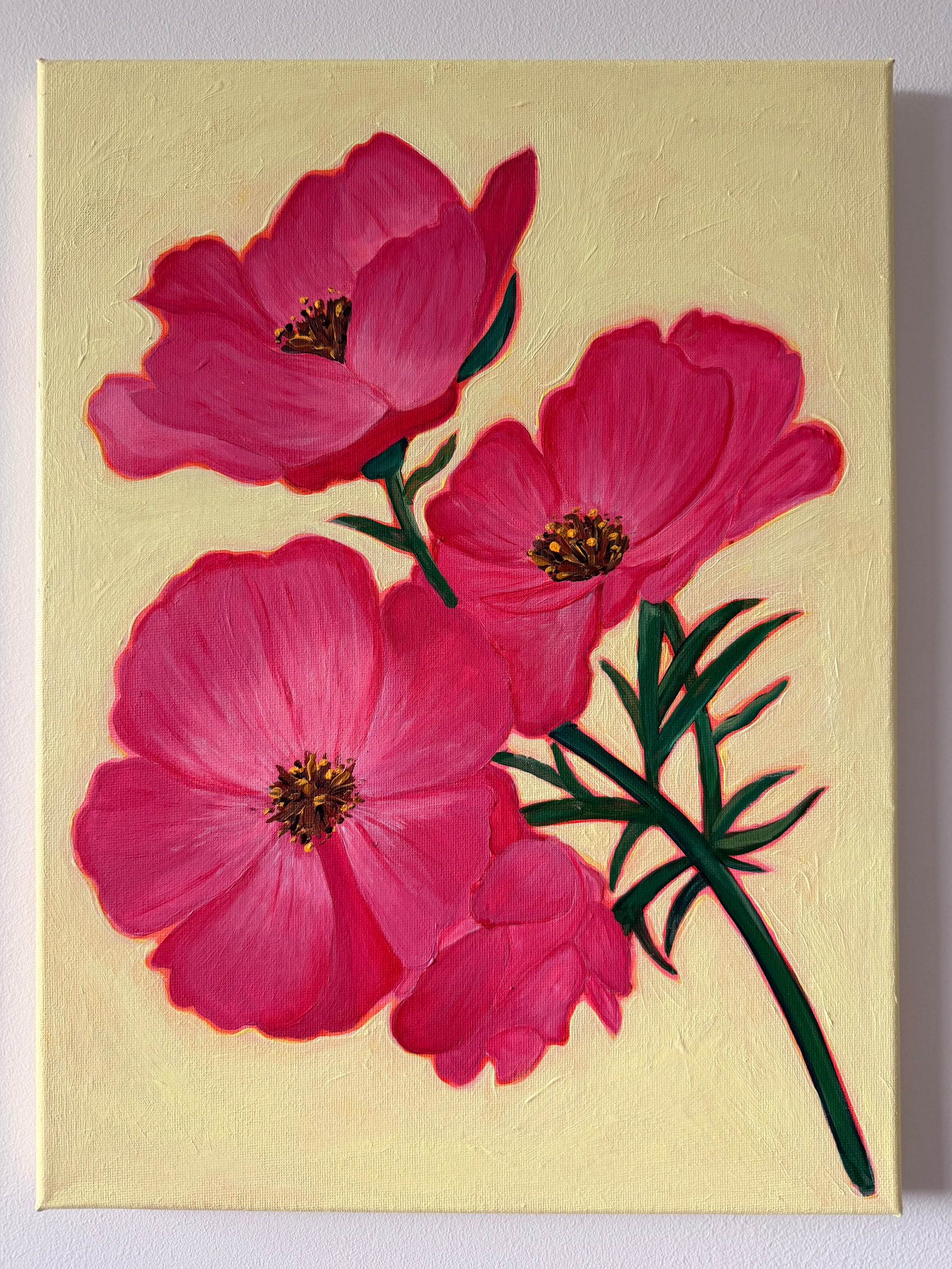 Painting of pink flowers on a beige background