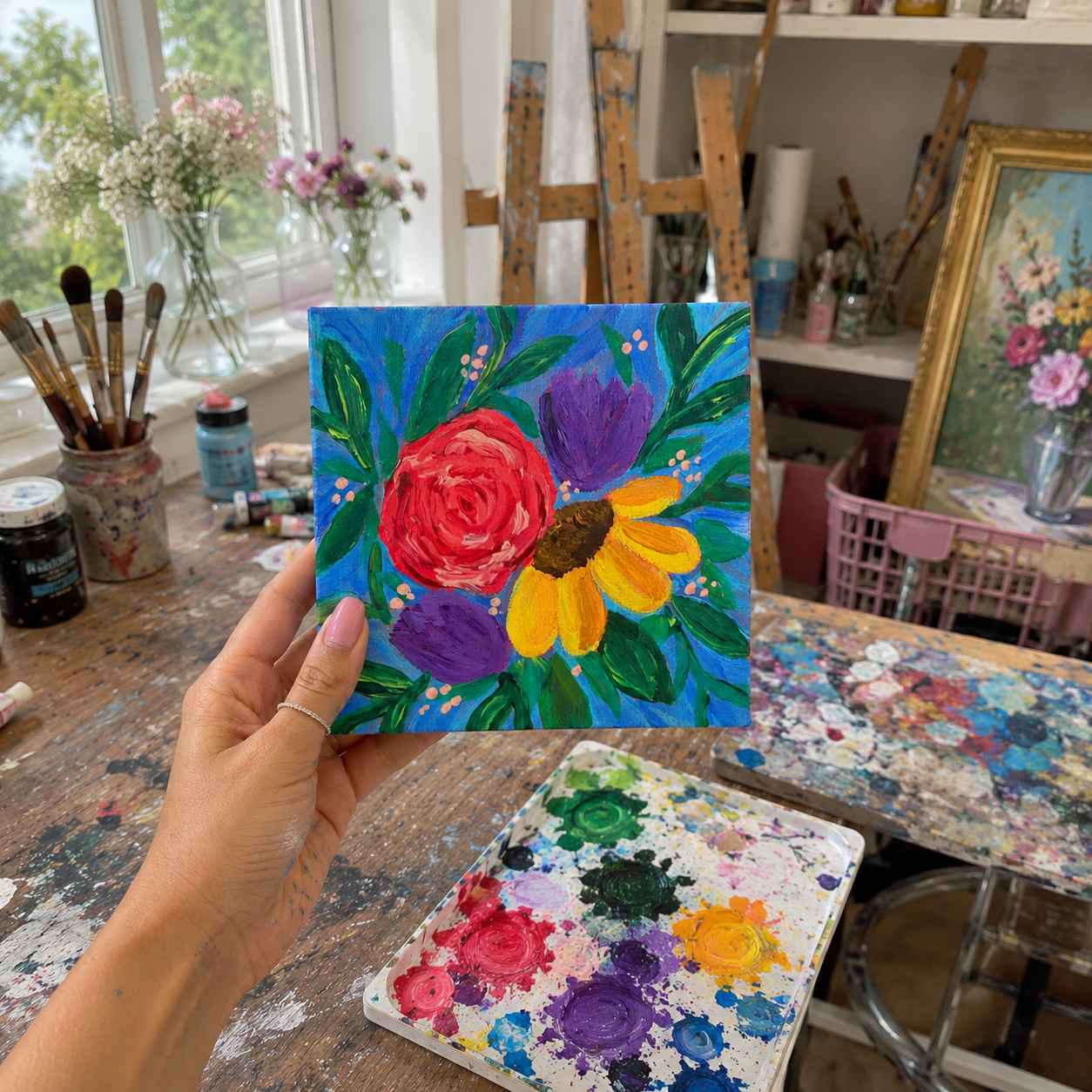 Hand holding a floral painting in an artist's studio with art supplies and other paintings.