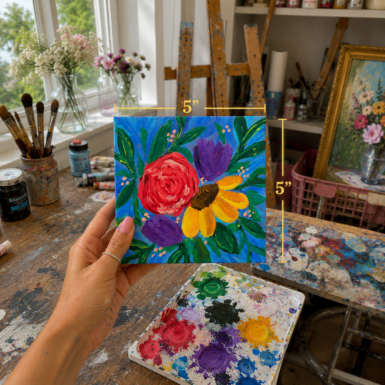 Hand holding a small floral painting with measurement details in an artist's studio.