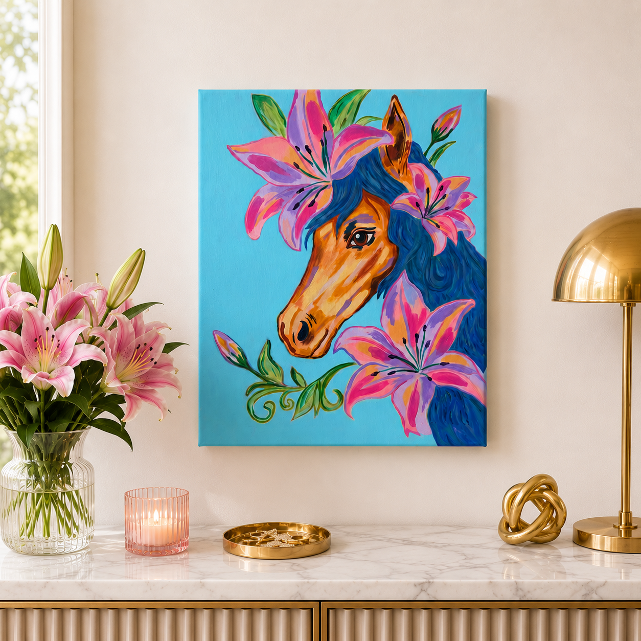 Colorful painting of a horse with flowers on a wall above a decorative table.