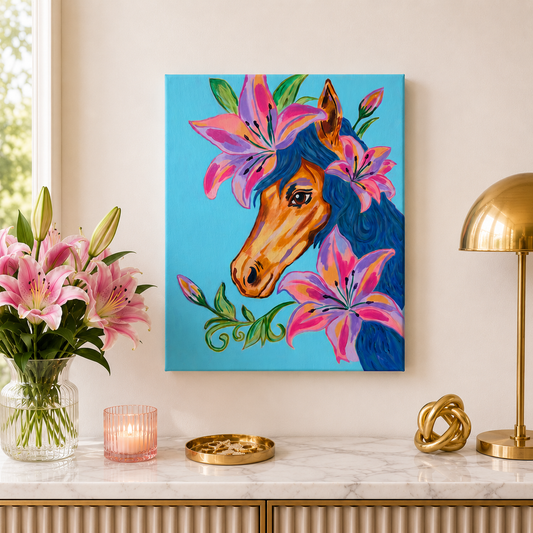 Colorful painting of a horse with flowers on a wall above a decorative table.
