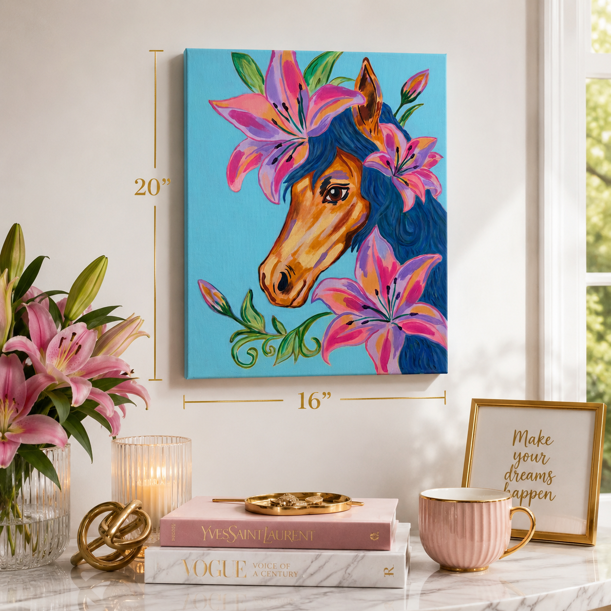 Colorful painting of a horse with flowers on a wall above a table with decor items.