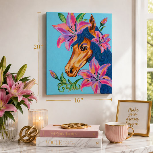 Colorful painting of a horse with flowers on a wall above a table with decor items.