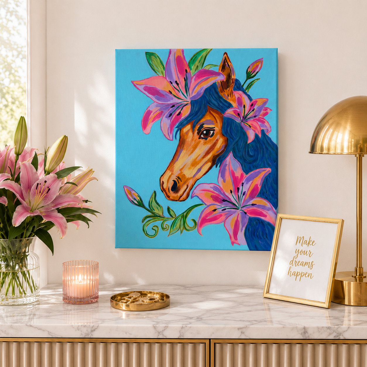 Colorful horse painting on a wall above a marble surface with decorative items.