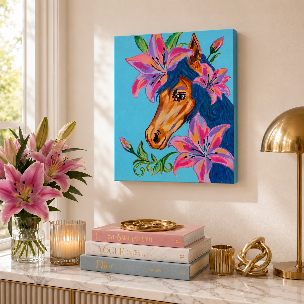 Colorful horse painting with flowers on a wall above books and decor items.