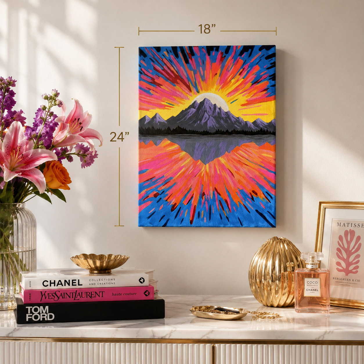 Colorful abstract painting of a mountain and sunset on a wall above books and decor items.