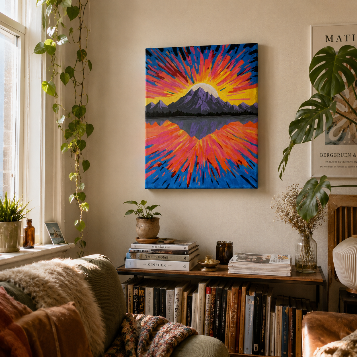 Colorful abstract painting of a mountain on a wall in a cozy living room.