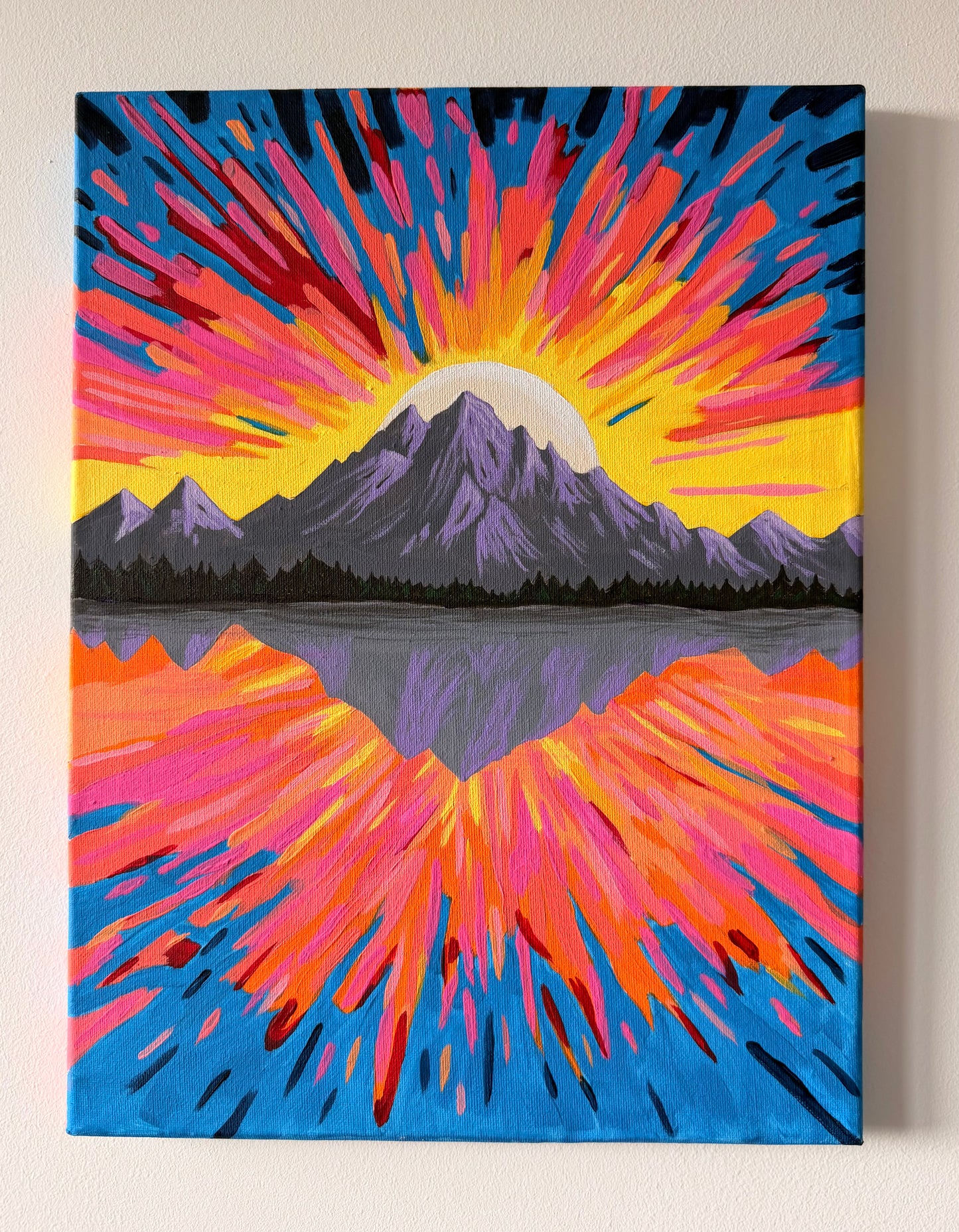 Colorful abstract painting of a mountain and lake with a bright sun